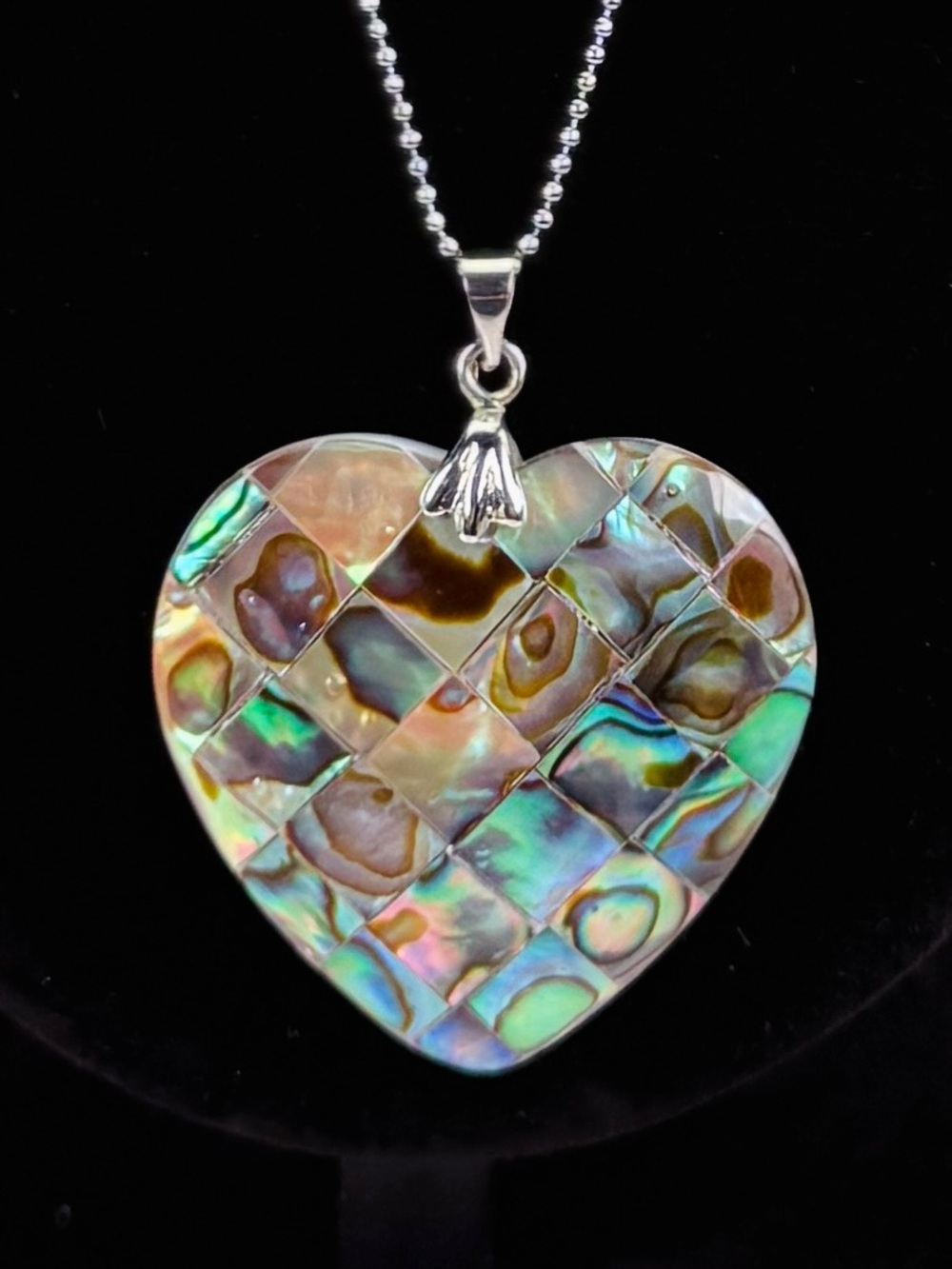 Abalone Shell Mosaic Heart Pendant 18KGP Silver Tone Chain Coastal Necklace